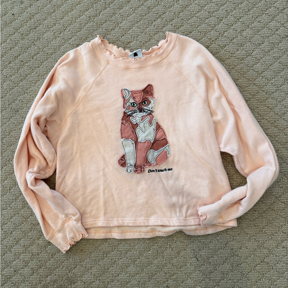Teddy Fresh Large Salmon Pink Don't Touch Me Cat Applique Cropped Pullover